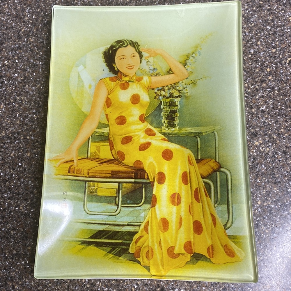 Art Deco Chinese Advertising Poster on Glass plate/Tray‎ Fun at the Pool'
